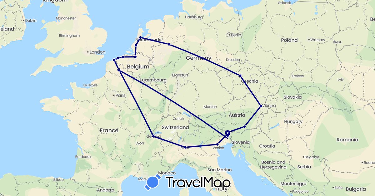 TravelMap itinerary: driving in Austria, Belgium, Switzerland, Czech Republic, Germany, France, Italy, Netherlands (Europe)